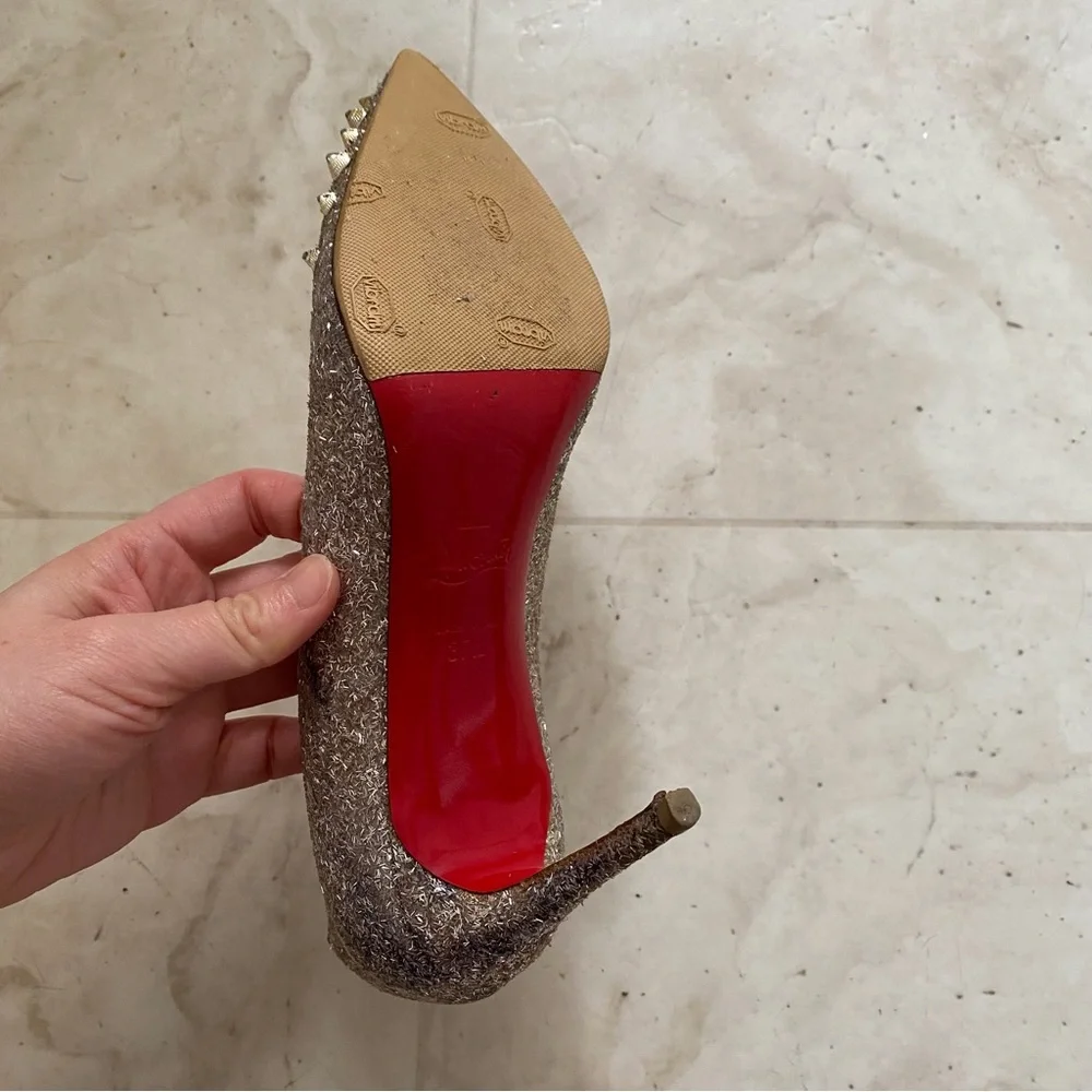 Christian Louboutin Silver Glitter Gold Spikes Pointed Toe Pumps Heels 7.5/37.5